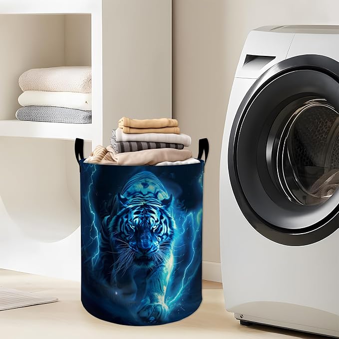 Majestic Tiger with Blue Lightning Strikes Laundry Basket with Handles, 19.7"x15.7" Clothes Foldable Laundry Hamper Organizer for Dorm Nursery Bedroom Bathroom Decor, Toy Storage Bin for Kids