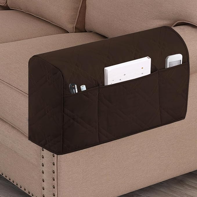 2-Pack Waterproof Armrest Covers for Couches & Chairs – Anti-Slip Furniture Protectors with Side Pockets, Washable Sofa Arm Covers, Universal Stretch Fit (Fits Most Armrests) (Brown)