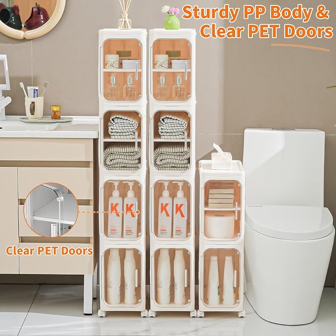 4-Tier Slim Bathroom Storage Cabinet, Tall Narrow Storage Cabinet with Movable Wheels, Adjustable Shelves, Skinny Bathroom Storage Organizer for Small Space, Bathroom, Kitchen, Laundry, Cream White