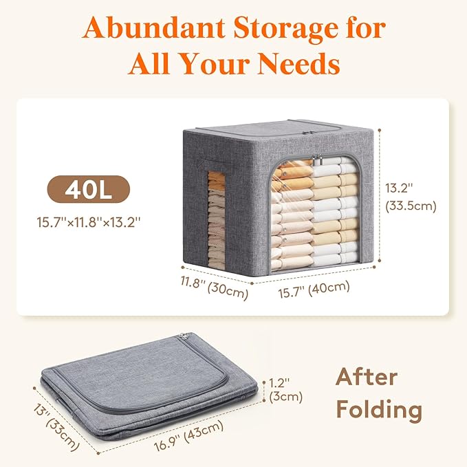 Lifewit Clothes Storage Bins with Metal Frame, Stackable Storage Box, Foldable Clothing Storage Bins with Lids, 40L Storage Bags Fabric Box Organizer with Clear Window＆ Zippers＆ Sturdy Handles 6 Pack