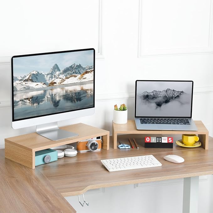 TEAMIX 2-Pack Monitor Stand Riser 20 inch, Wood Desk Computer Shelf, Maple | For 2 Monitors, Laptop, Printer, TV, PC, Keyboard Storage, Space-Saving, Ergonomic, Organizer for Home Office Gaming Vanity