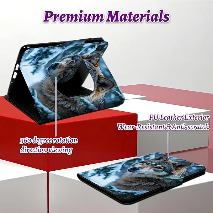 Rotating Handle Case for Samsung Galaxy Tab A 10.1" 2019 SM-T510/T515/T517, 360 Degree Swivel Kickstand with Magnetic Closure Leather Protective Cover for Women Men, Snow Forest Wolf