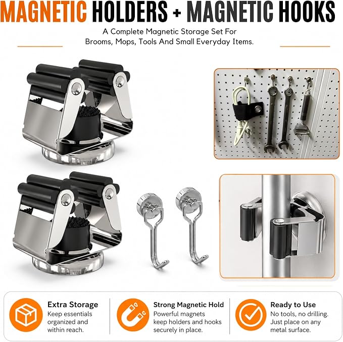 3-H 2 Pack Magnetic Broom Holder with 2 Pack Mini Magnetic Hooks,Silver | Stainless Steel No Drill Mop Holder, Movable Magnet Tool Organizer for Garage Laundry Kitchen Garden RV