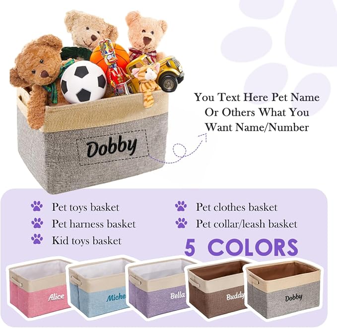 Ulico Collapsible Pet Storage Organizer, Personalized Dog Toy Bin with Handles - Custom Pet's Name Gift, Gray