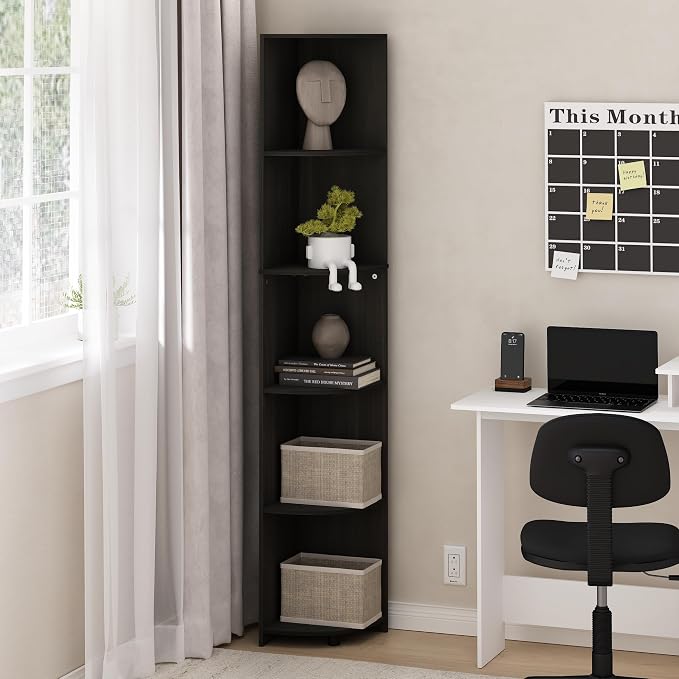 Furinno ECON Corner Shelf, 5-Tier Corner Book Shelf, Storage Shelves, Display Rack, Bookshelf, for Organization and Storage, Living Room, Home Office, Espresso