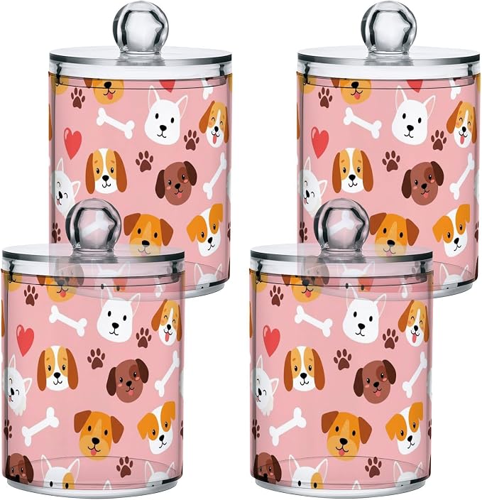 2 Pack Plastic Cotton Swab Ball Pad Holder Pets Dogs Pink Pattern Jars Bathroom Storage Organizer Holder Canisters with Lid for Hair Accessories Cotton Ball Pads Hair Clips