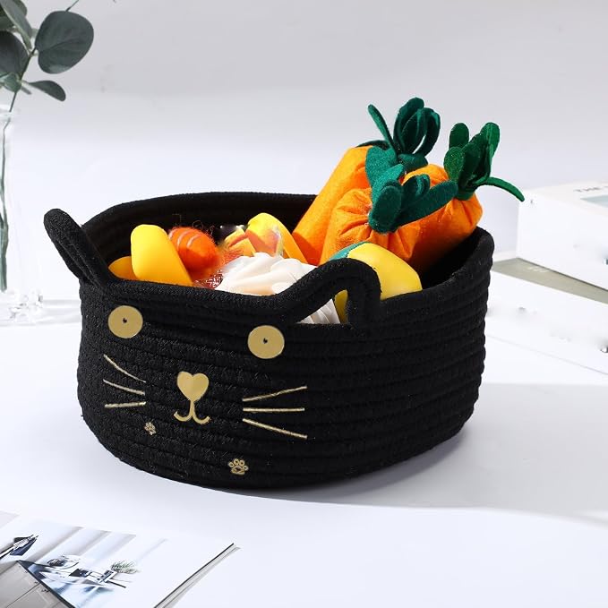 Zopeal Cat Storage Basket Woven Organizer with Ears Decorative Gift Cute Cotton Rope Pet Toy Basket for Gift Cat Dog Toy Bin Nursery Room(8.3 x 4.7 Inch,Black)