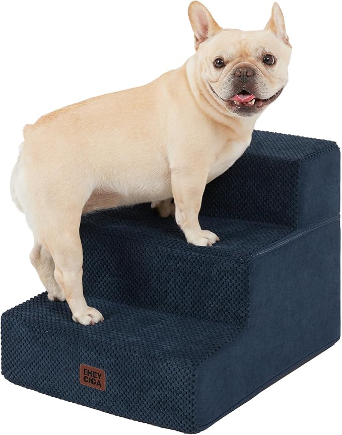 EHEYCIGA Dog Stairs for Small Dogs 13.5" H, 3-Step Dog Steps for Cats, Navy | Pet Steps for Couch Sofa and Chair, Non-Slip Balanced Pet Ramp Indoor