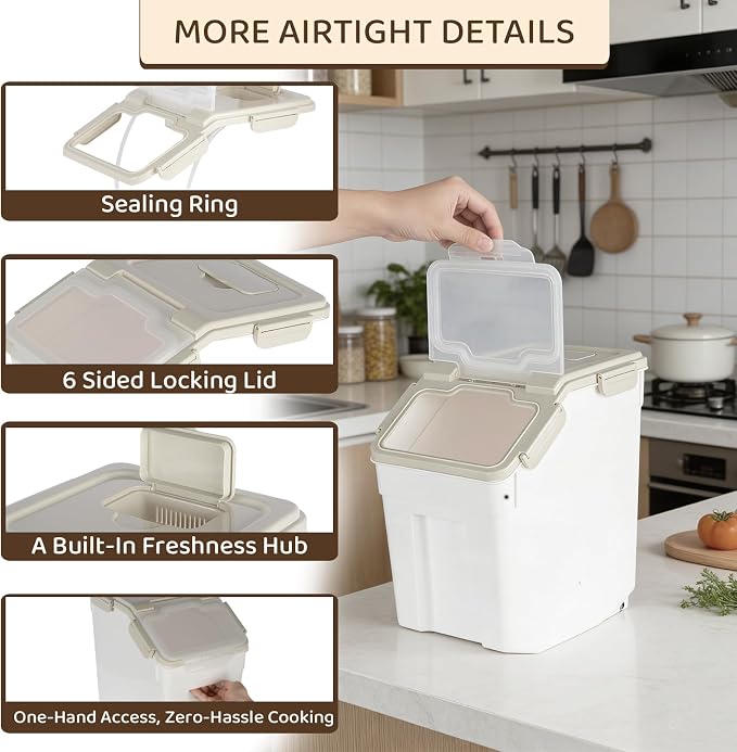Saim 2 Pack 25lb Flour & Rice Storage Container Bin,Rice Dispenser (Grey) | BPA free plastic with seal lid, rolling wheels and measuring scoop for rice, flour, cereal and grain one-hand scooping