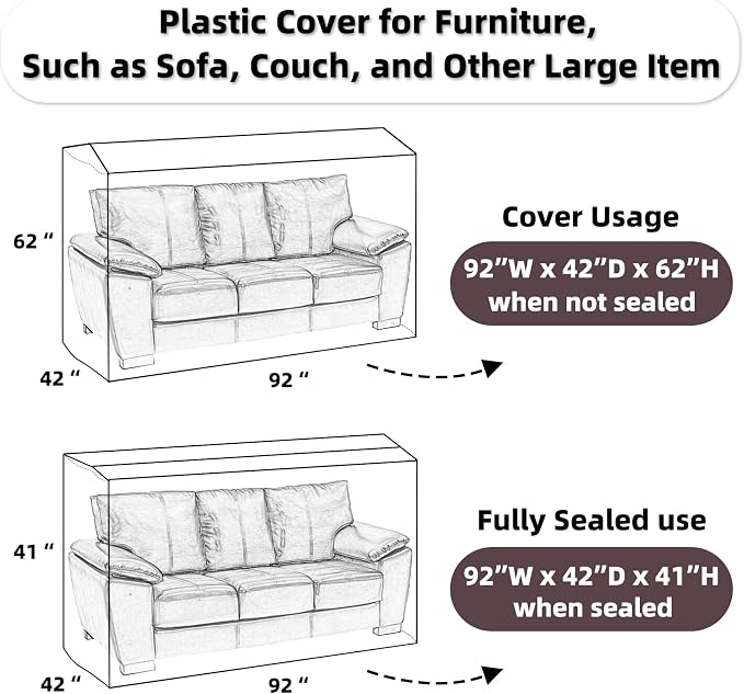 Yotelab Plastic Couch Cover for Moving and Storage, 92Wx42Dx62/41H Inch | Open, No Seal, Clear Moving Bags for Chair, Loveseat, Sofa, or Other Bulky Furniture