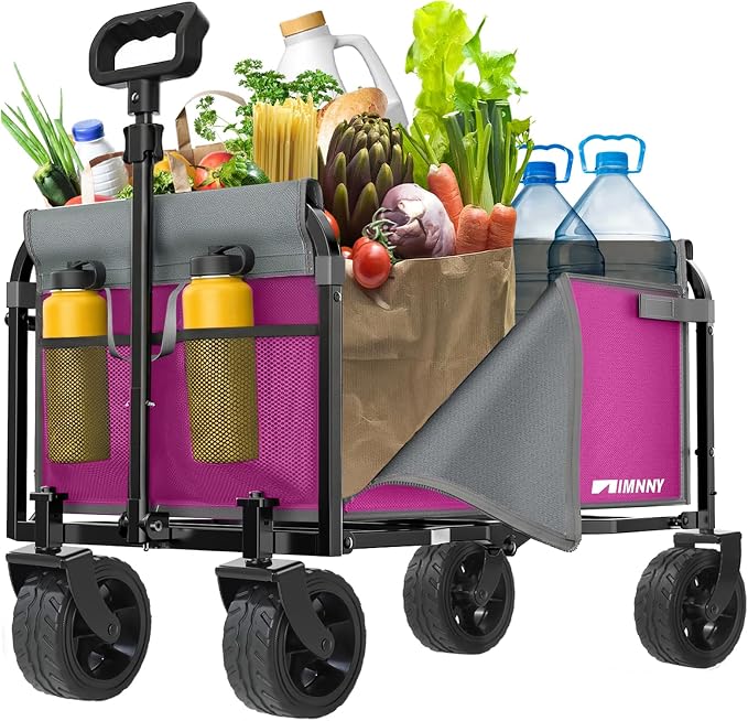 Pink Folding Wagon Cart with Wide Wheels, Lightweight & Portable, Easy Fold & Removable Side Utility Wagon for Groceries, Gardening, Camping, Pet Use