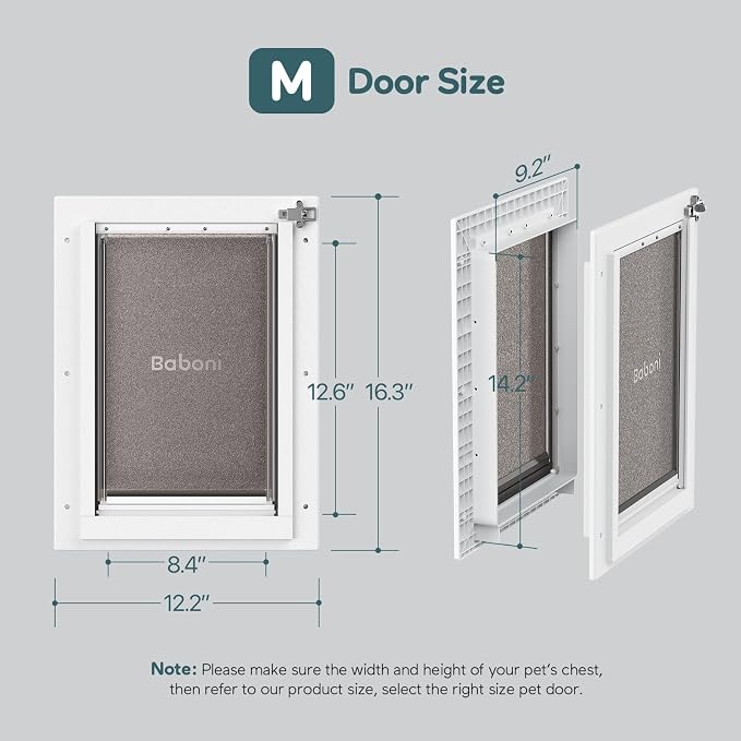 Baboni Dog Door for Door,Durable Plastic Frame,Medium | Pets Up to 40 Lb,for Interior and Exterior Doors,Aluminum Lock,Metal Panel,Strong Magnetic Flaps, Never Rust