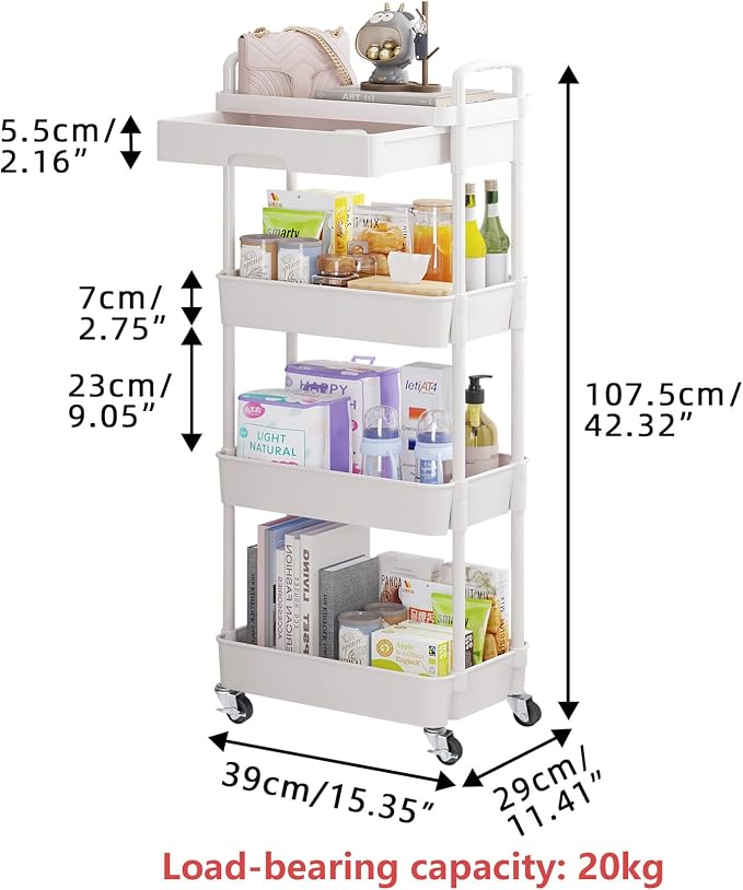 Calmootey 4-Tier Utility Cart with Drawer & Wheels, Storage for Home,Office | Space-Saving Organizer, Sturdy Plastic Shelves, Smooth-Rolling Metal Wheels, Built-in Drawer for Small Items, White