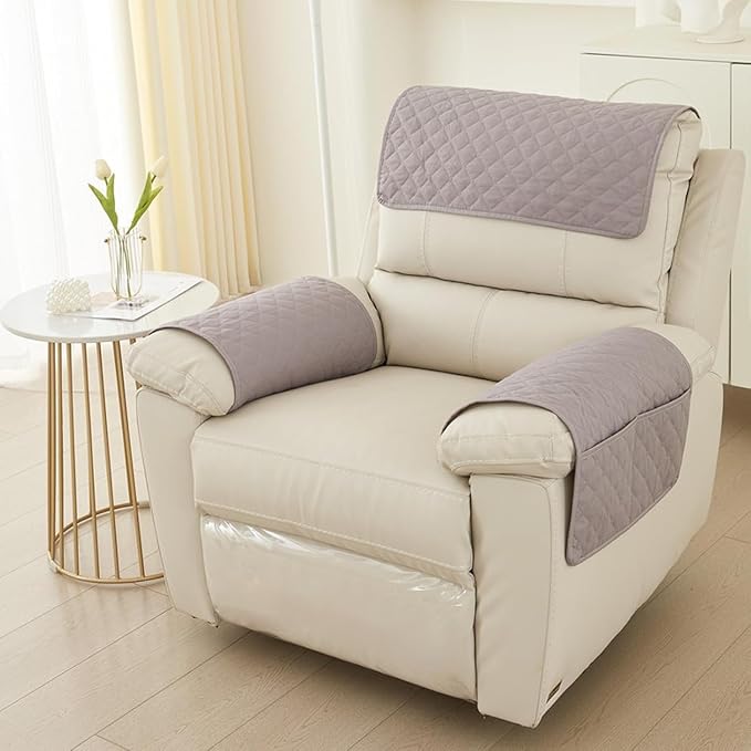 Recliner Arm Covers with Pockets & Headrest Protector- Non-Slip Quilted Stretch Armrest Covers, Washable Sofa Armchair Organizer for Couch, Pet Scratch Resistant(Light Gray)