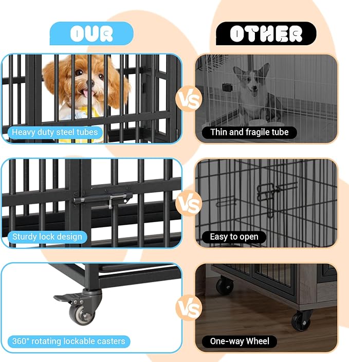 GarveeLife 42inch Heavy Duty Dog Crate, Foldable Indoor Dog Cage with Double Door, 360° Lockable Wheels and Removable Tray, Easy to Clean and Assembly，for Small Medium Dogs