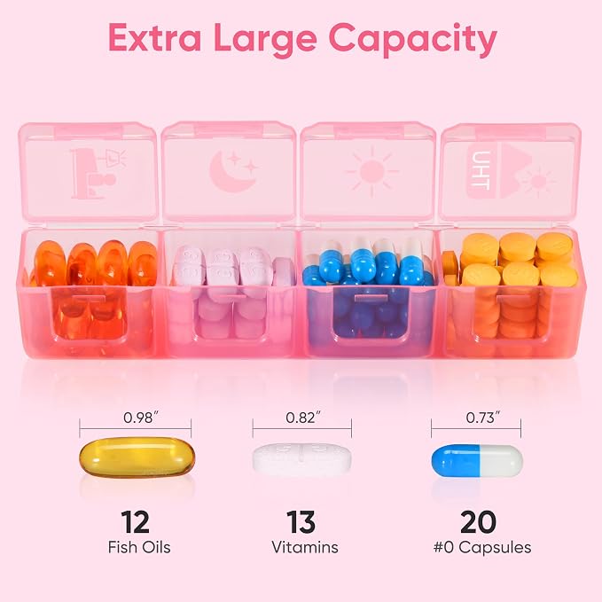 Fullicon Large Pill Organizer 4 Times a Day, 7 Day Pill Box, Pink | Each Compartment Holds 12 Fish Oils or 13 Vitamins, Clear Daily Icons, Durable Printing, Easy Open, Secure Snap Lids