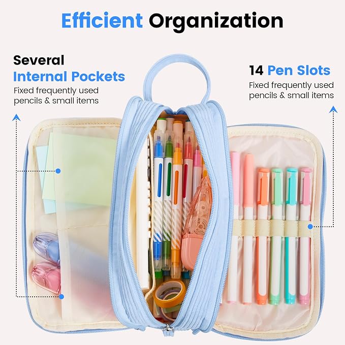 Sooez High Capacity Pencil Case, Soft Corduroy Pencil Pouch | Large Pencil Bag with 4 Compartments, Sturdy Zipper, Cute Pencil Case Pouch Organizer for Student Teen Girls, Blue