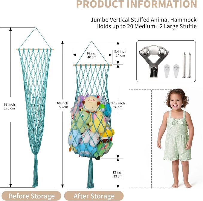 68 Inch Stuffed Animal Storage Hammock Corner Plushie Net,Aqua | Boho Macrame Large Toy Hammock for Stuffed Animals Organizer,Wall Ceiling Over Door Stuffy Storage Holder,Nursery Room Decor