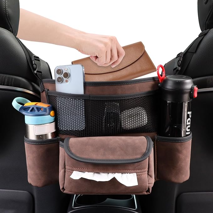 Leather Car Seat Organizer for Handbag/Purse – Fits Between Front Seats, Holds Wallet, Phone & Essentials. (Modle A/Brown)