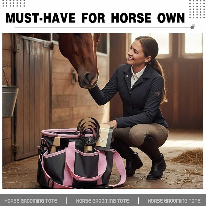 Abbylike Grooming Tote,Stylish,10.63 x 10.63 x 9.45 Inch,Grey and Pink | Tote Bag for Horses and Dogs, Organize Tack Tools Equestrian Grooming Kit, Care Portable with Multiple Pockets for Supplies