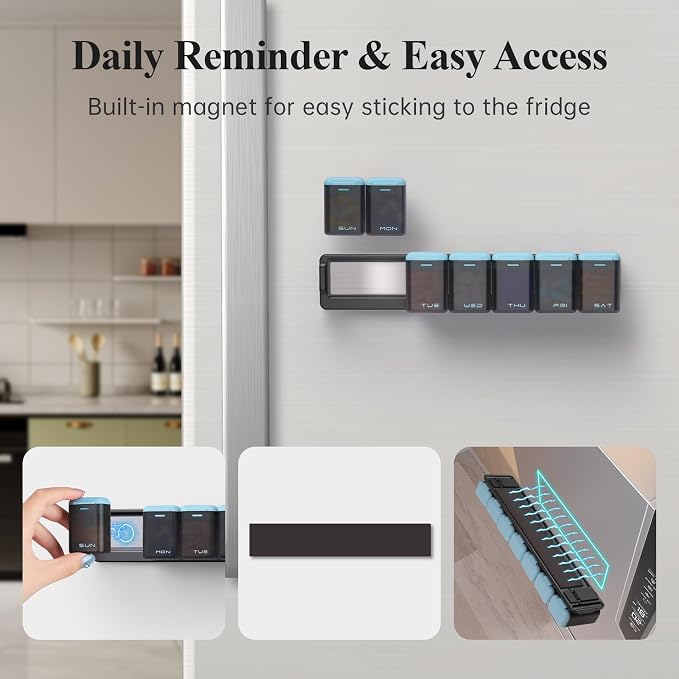 KOVIUU Weekly Pill Organizer, Magnetic Medicine Vitamin Case 1 Time a Day | Week Once Daily Supplement Box, Removable Medication Container Holder for Fridge, 7 Day Large Travel Pill Dispenser, Blue