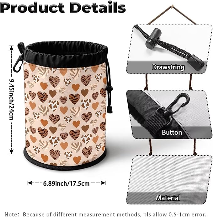 Drawstring Clothespin Pouch, Heart Leopard Print Laundry Peg Bag Organizer with Multi-Hanging Feature, Portable Storage for Clips, Perfect for Drying Rack, Camping & Home
