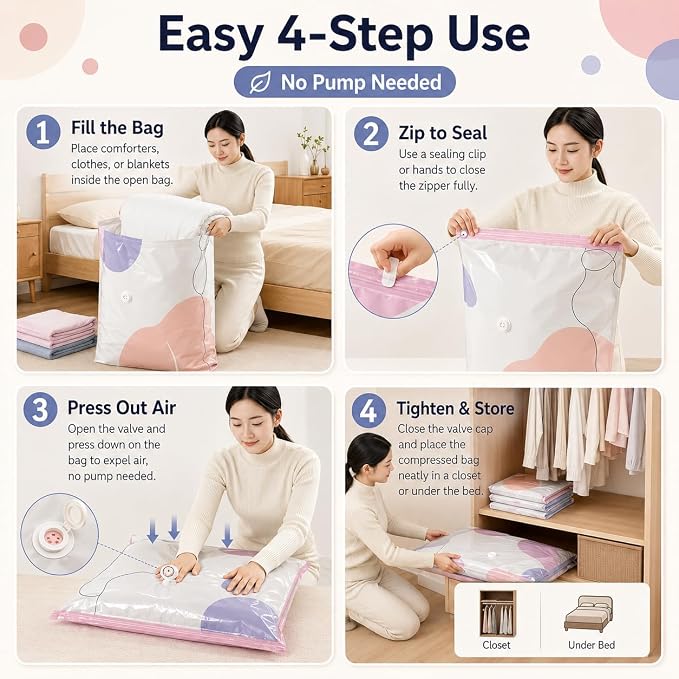 No Pump Vacuum Storage Bags, 3D Space Saver Bags for Clothes, Blankets, Bedding & Comforters, Reusable Vacuum Seal Storage Bags for Moving & Seasonal Storage (L-4PCS)