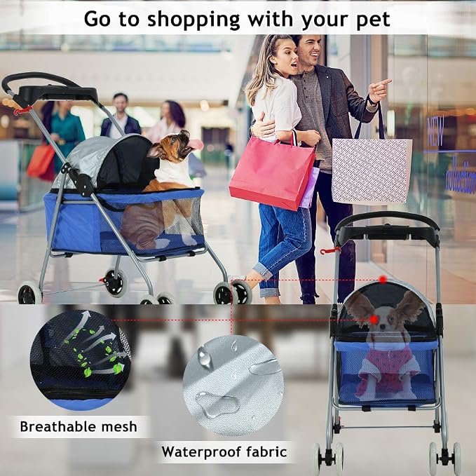 Dog Stroller Pet Stroller Cat Strollers Jogger Folding Travel Carrier Durable 4 Wheels Doggie Cage with Cup Holders 35Lbs Capacity Waterproof Puppy Strolling Cart for Small-Medium Dogs, Cats - Blue