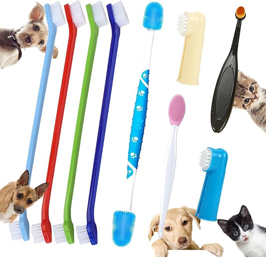 9-Piece Dog Tooth Brushing Kit, Pet Dental Hygiene & Grooming Set for Dogs and Cats, Includes Dual-Head Toothbrush, Finger Brushes, Tongue Scraper and Tear-Stain Grooming Brush