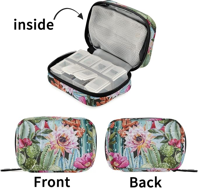Watercolor Cactus Flower Pill Box 7 Day Pill Case Travel Pill Organizer Bag with Zipper Portable Weekly Case Compact Size for Vitamin Supplement Holder