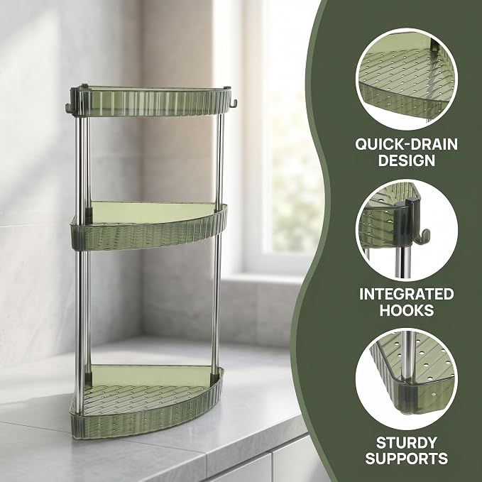 3-Tier Triangle Bathroom Shelf Organizer, Space-Saving Corner Storage Rack Made of Stainless Steel and Pet, Minimalist Design for Shower and Restroom Storage