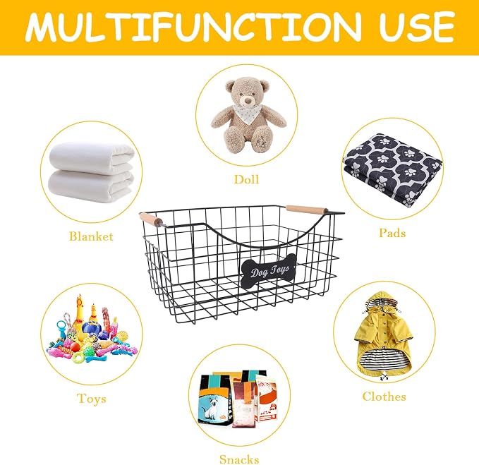Metal Dog Toy Basket,Indestructible Dog Toy Bin with Wooden Handle,Sturdy Pet Storage Organizer,Ideal for Dog Leash,Blanket,Snacks-15.1 (L) x 10.7 (W) x 7 (H) inches