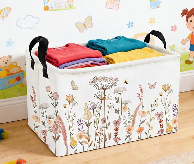Essme Rectangular Flower Basket, Storage Bins Organizer with Handles for Girls Room Decor, Gift Basket,Shelf Basket.(Beautiful Flowers)