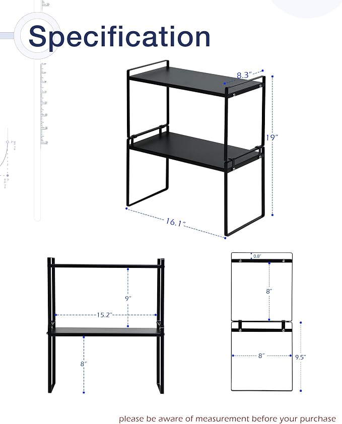 Nxconsu Stackable Cabinet Shelf Organizer 2 Pack, Standard Tall Black | Heavy-Duty 3mm Steel Stackable 2-Tier Shelf, Holds 50 lb, for Kitchen Cabinet Pantry Cupboard Counter Bathroom Under Sink