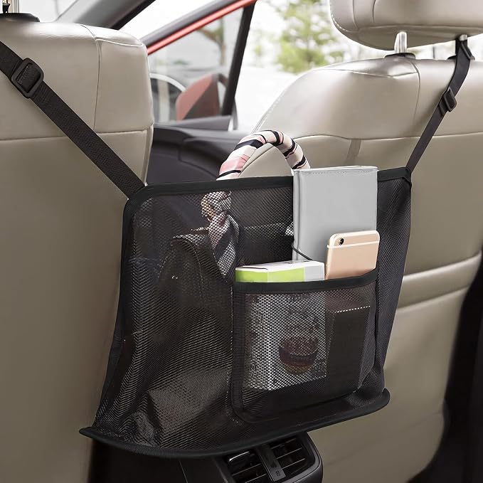Car Net Pocket Handbag Holder, Large Capacity Mesh Bag for Console Front Seat, Barrier of Backseat Pet Storage Netting Pouch for Handbag Purse, Car Accessories for Women Men (Black)