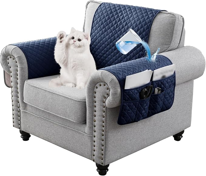 Water-Resistant Sofa Armrest and Headrest Covers with Side Pocket | Keep remotes close quilted polyester helps guard against wear, pet scratches, and kids' messes silicone backing adds grip