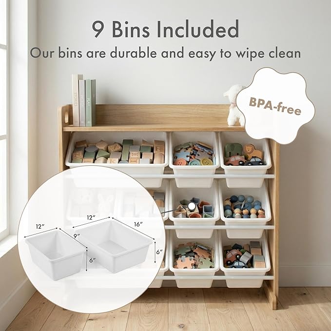 Humble Crew Kids Toy Organizer with Display Shelf, 9 Bins, 3 Tier Storage | Sturdy wood and steel toddler shelf, removable BPA-free containers, wall anchor anti-tip safety kit for bedroom or classroom