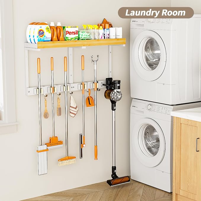 Broom and Mop Organizer Wall Hanging, Broom Hanger Holder Wall Mount | 3-in-1 Mop and Broom Holder Wall Mount with 5 Racks,5 Hooks,Storage Shelf & Vacuum Organizer for Garage,Kitchen,Laundry Room