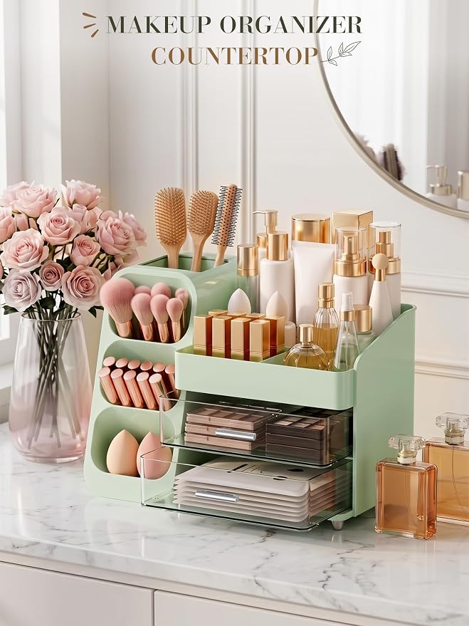Large Makeup Organizer Countertop for Vanity Skincare Organizers Green | Cosmetic Organizer with Brush Holder and 2 Drawers, Beauty Makeup Storage for Lipsticks, Nail Polishes, Eyeshadow Palettes