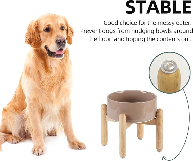 Havniva Ceramic Dog Bowls Elevated, Raised Dog Food Bowl for Medium Dogs | 7.3” Elevated Dog Bowls, Non-Slip Wood Stand, Dog Food and Water Bowl Set, Dog Feeding Dish, Large Capacity Pet Water Bowl