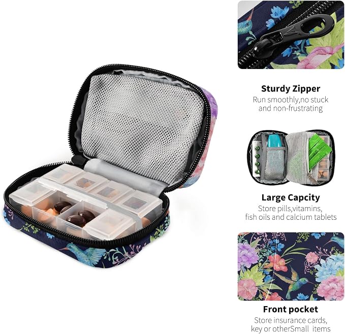 Hummingbird Floral Pill Case, Weekly Portable Pill Bag Container 7 Days Pill Box Organizer Vitamin Supplement Holder with Zipper for Travel Family Business