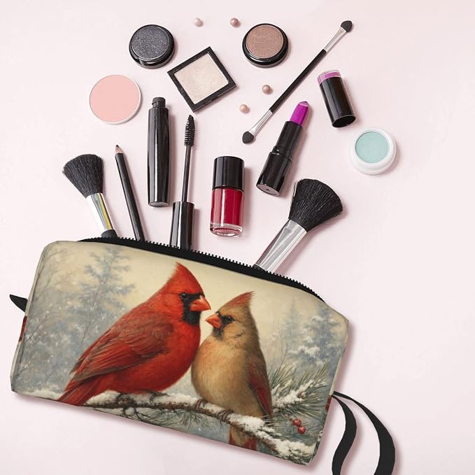 Cardinal Pair on Snowy Pine Makeup Bag for Women, Cosmetic Pouch | Double-Sided Winter Cardinal Cosmetic Organizer with Foam Padding for Women, Travel, Gym, School, and Daily Storage