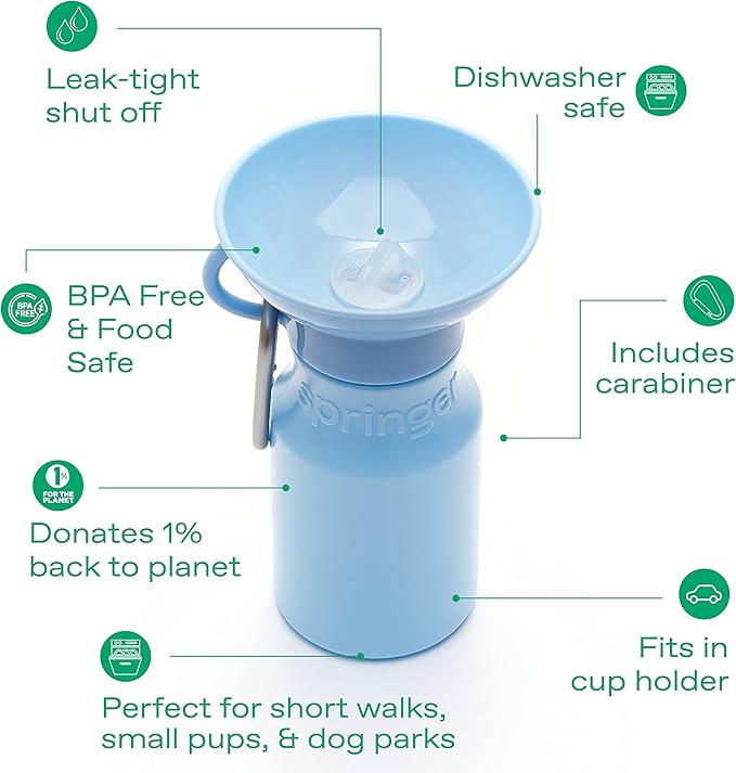 Springer Dog Water Bottle | Portable Travel Drinking Feeder Dispenser for Dogs & Puppies | As Seen on Shark Tank | Leak-Proof Bowl | BPA-Free | Outdoor Walking, Hiking & Travel | 15oz Blue