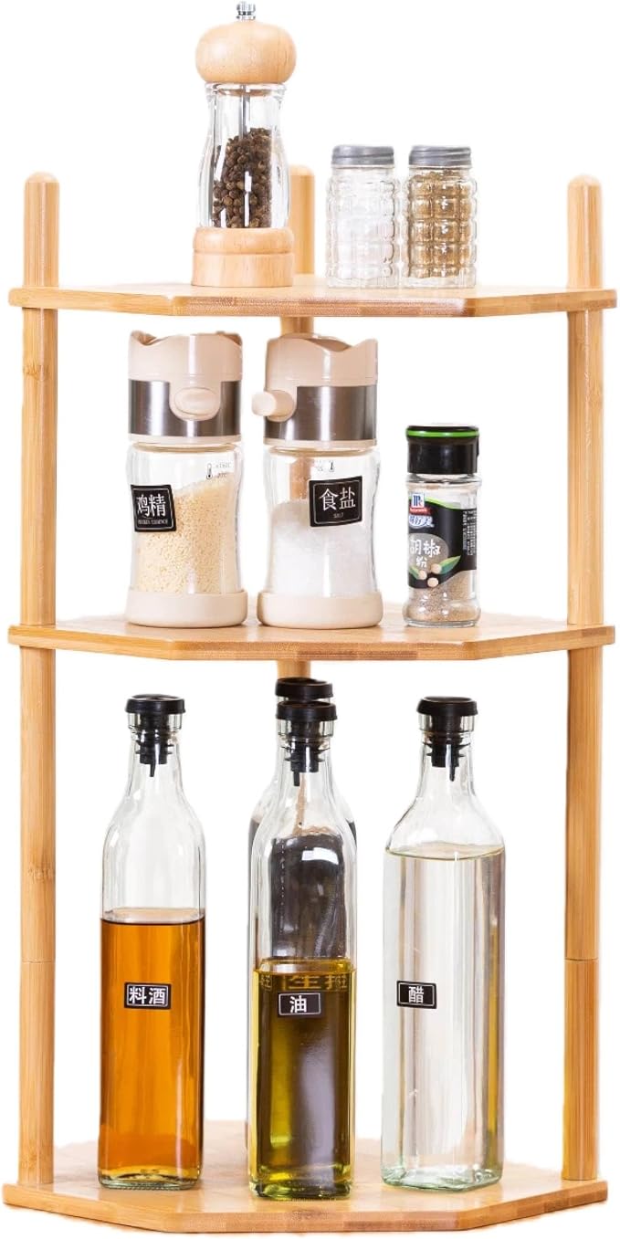 3-Tier Extra Tall Bamboo Corner Shelf, Kitchen Countertop Wine Bottle Organizer, Corner Counter Storage Rack for Pantry, Spice & Wine Organizers and Storage