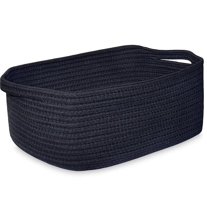 ABenkle Small Storage Basket with Handles, Cotton Rope Woven Dog Cat Toy Bin, Decorative Shelves Closet Organizing for Nursery Laundry Bedroom Bathroom, 14.2''x 11''x 5.1''