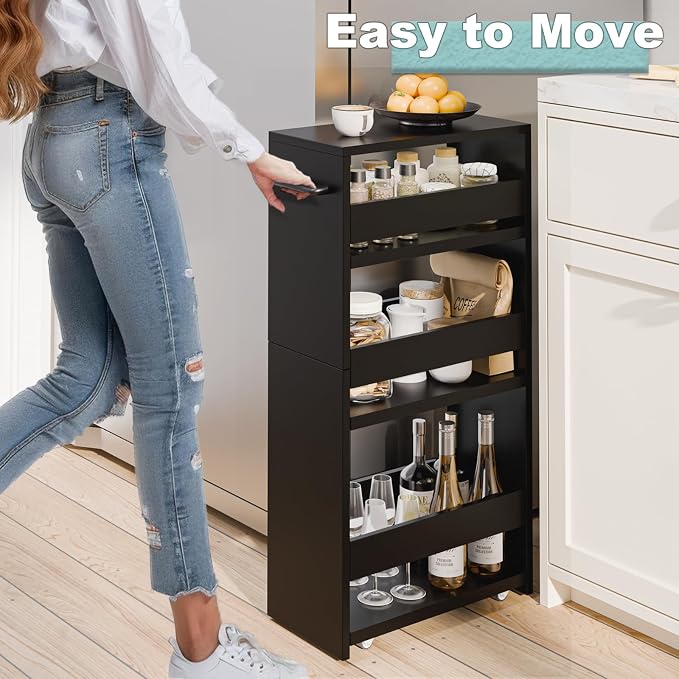 MARTY Slim Rolling Storage Cart, Wood Utility Kitchen Bathroom Laundry Cart | 4 Tier Kitchen Cart with Wheels Handle, Laundry Room Organization Between Washer and Dryer, Narrow Storage Cabinet, 8” Wide