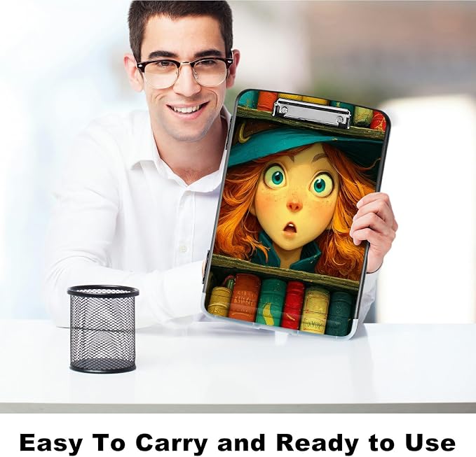 A4 Clipboard with Storage Pen Holder, Clipboards Organizer Nursing Clipboard Foldable File Folder Plastic Clipboard Folio Clip Board for Office Work Classroom Doctor, Colorful Book Girl