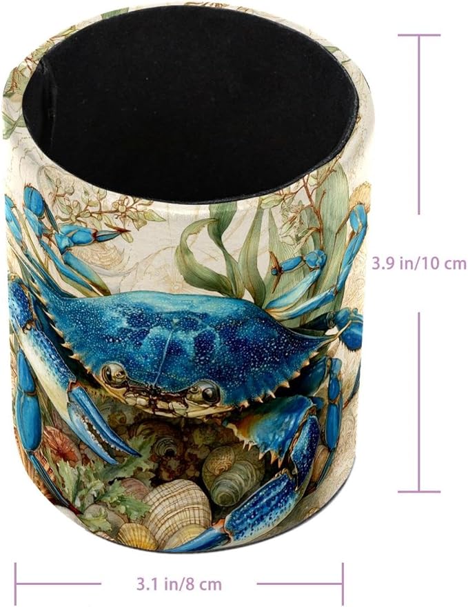 Faux Leather Pen Holder for Desk, Pencil Organizer Blue Crab Pen Cup Desk Decor Makeup Brush Holder Storage for Office Home