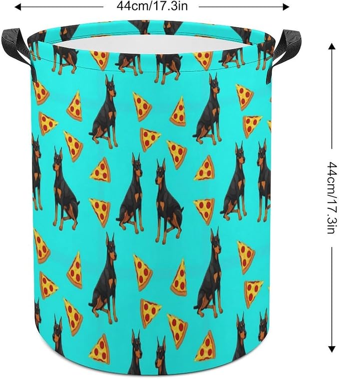 Foldable Clothes Hamper with Handles Doberman Pinscher Turquoise Pizza, Waterproof Laundry Basket for Bedroom, Bathroom, and Toy Storage Needs