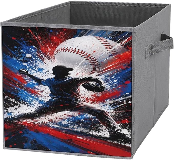 Baseball Player Pitching Action Art Storage Bin with Handles, Oxford Fabric Foldable Storage Cube Organizer for Clothes, Towels, Bedroom, Living Room, Home Organization